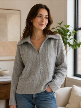 MAJOR Light Gray Cozy Acrylic Blend Ribbed Half-Zip Sweater Size Small